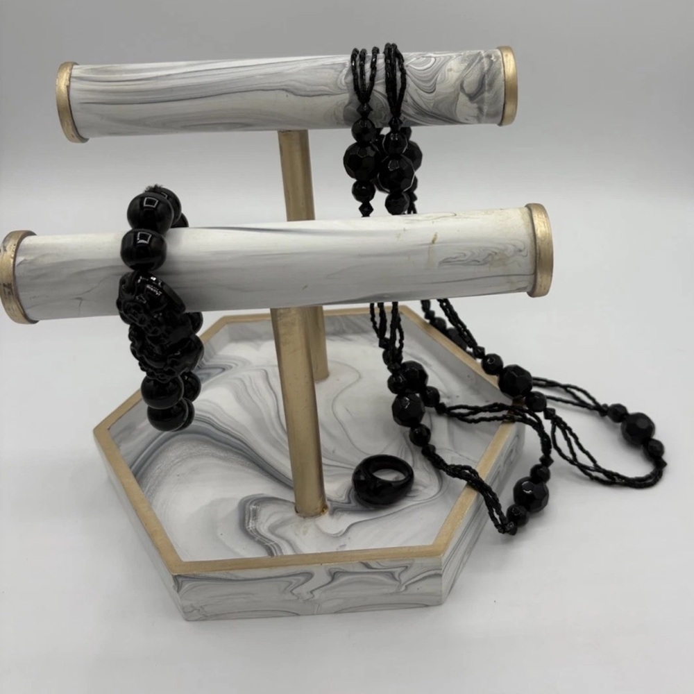 Black Onyx Style Jewelry Lot Long Chain Necklace Ring Bracelet Heavyweight